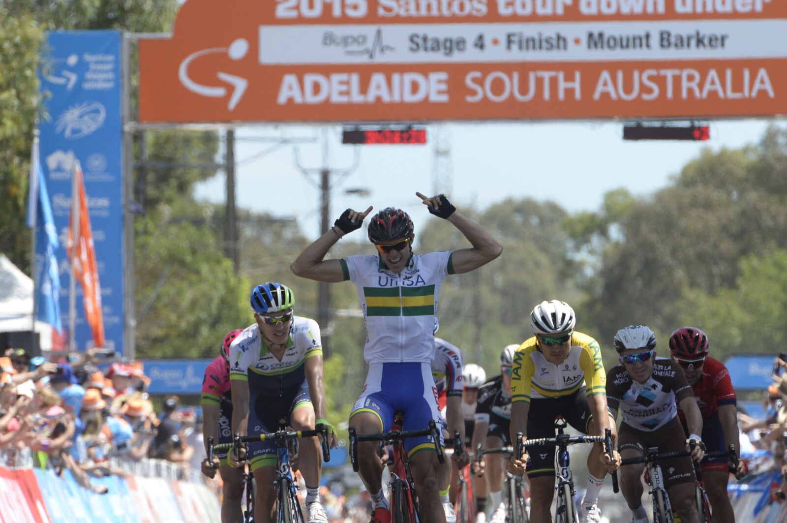 Jack Bobridge wearing the Ochre leaders jersey last year at the Tour Down Under. Photo by Sirotti.